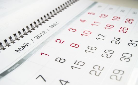 Calendar for may 2019, close-up, schedule of days with working days and holidays.