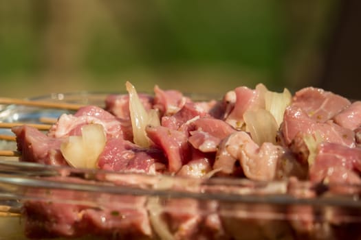 Raw meat skewers marinated before grilling