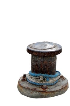 Rusty mooring bollard with ship ropes isolated on white background