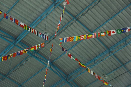 flag worldwide hanging on the ceiling of the stadium