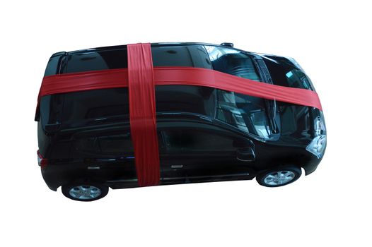 black car gift with red ribbon on white background