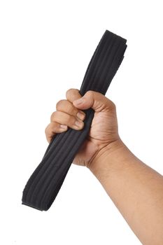 male hands holding a martial arts black belt isolated on white background