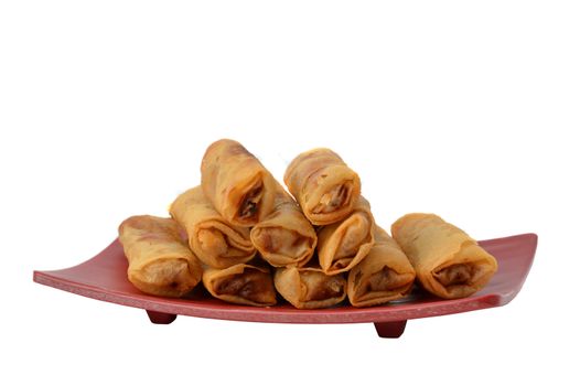 lumpia Semarang or Spring Rolls containing bamboo shoots and chicken on red plate at white background 