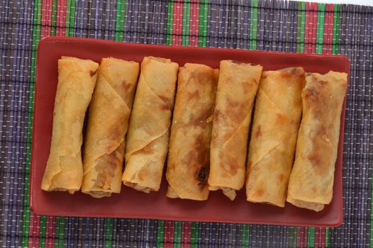 lumpia Semarang or Spring Rolls containing bamboo shoots and chicken on red plate at white background 