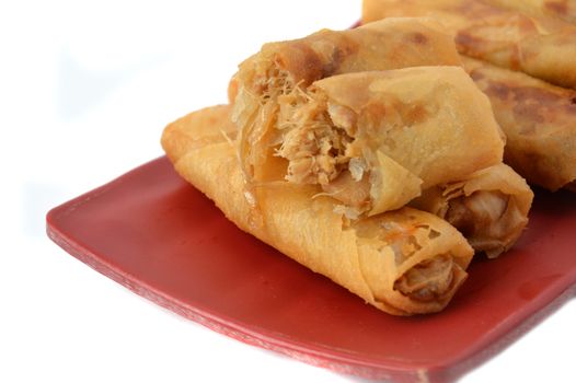 lumpia Semarang or Spring Rolls containing bamboo shoots and chicken on red plate at white background 