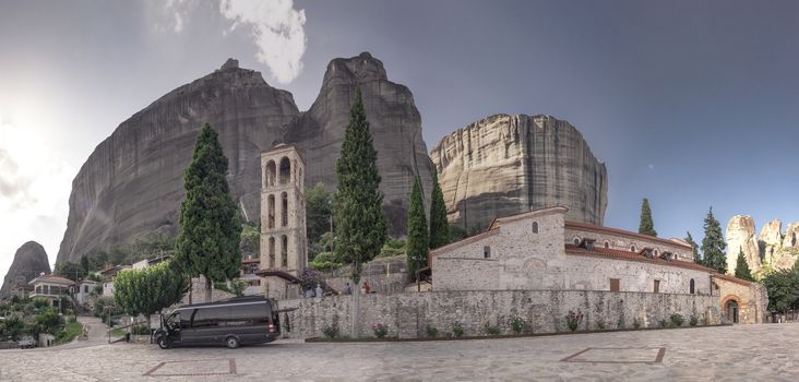 Panoramic view of the Assumption of Virgin Mary byzantine church in Meteora, Kalambaka town in Greece, on a sunny summer day