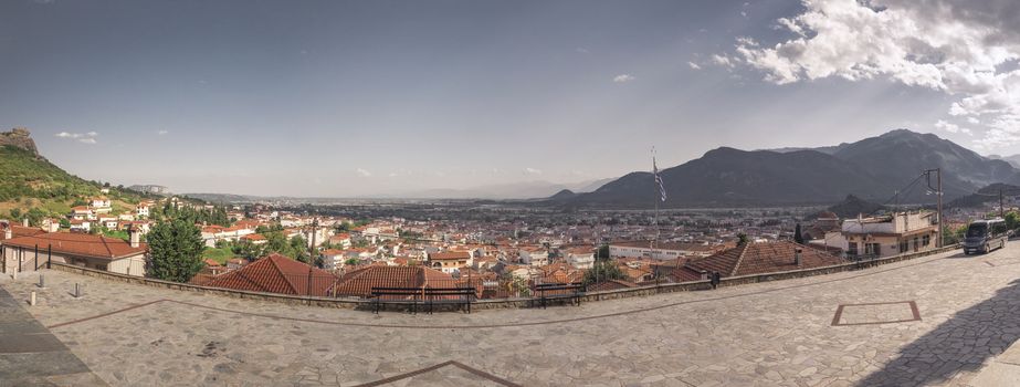 Panoramic top view of the Kalambaka city  in Greece from the side of the ancient Byzantine church