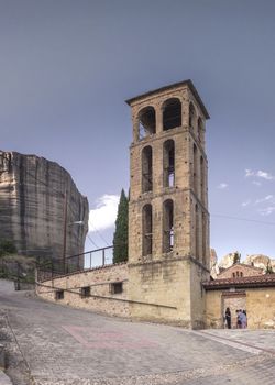 Panoramic view of the Assumption of Virgin Mary byzantine church in Meteora, Kalambaka town in Greece, on a sunny summer day