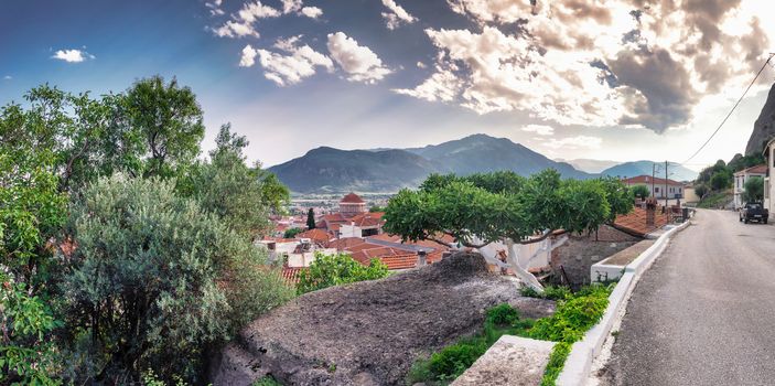 Panoramic top view of the Kalambaka city  in Greece from the side of the ancient Byzantine church