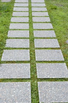 a curvaceous foothpath made of concrete blocks across the grass