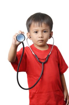 asian little boy dressed in red shirts holding a stethoscope with white background