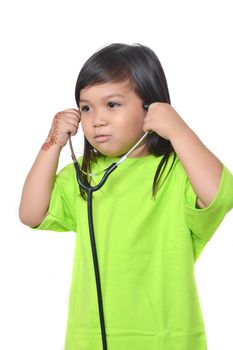 asian little girl dressed in green with a stethoscope