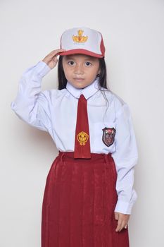 expression asian little girl with primary school uniform