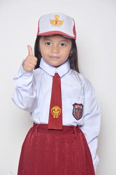 expression asian little girl with primary school uniform