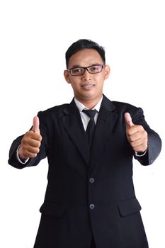 Asian male businessman in a suit make two thumb on white background