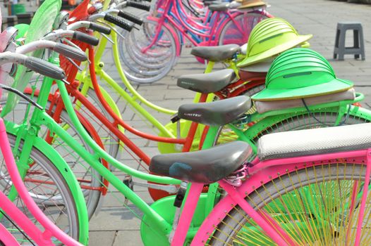 JAKARTA, INDONESIA - AUGUST, 20, 2016 : colorful bicycle rental at Kota Tua or Old City in Jakarta, Indonesia