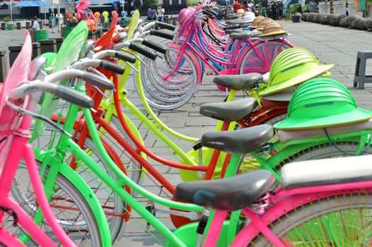 JAKARTA, INDONESIA - AUGUST, 20, 2016 : colorful bicycle rental at Kota Tua or Old City in Jakarta, Indonesia