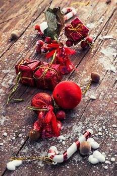 Christmas decoration with ctoy on background covered in snow