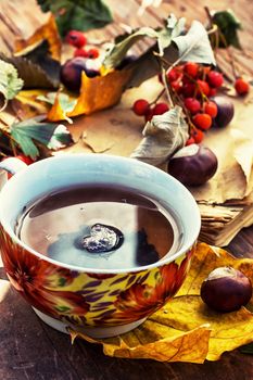 Symbols of autumn, fallen leaves, November, tea