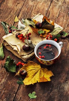 Symbols of autumn, fallen leaves, November, tea