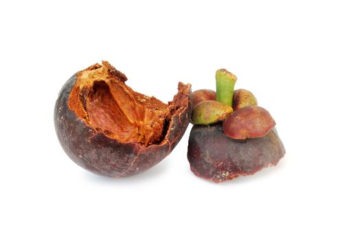 Dried mangosteen on  White Blackground.Properties of mangosteen. Help strengthen bones and teeth.With Clipping Path.