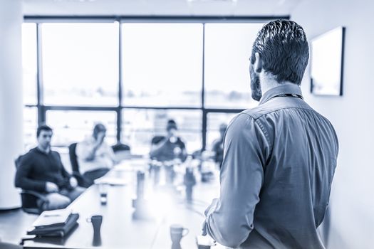 Business man making a presentation at office. Business executive delivering a presentation to his colleagues during meeting or in-house business training. Rear view. Blue toned.