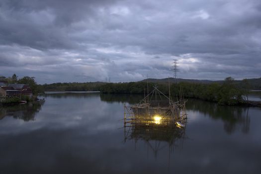 Bagang Fisherman,  a structure build from bamboo for to catch fish at Karajae estuary Pare-pare Indonesia