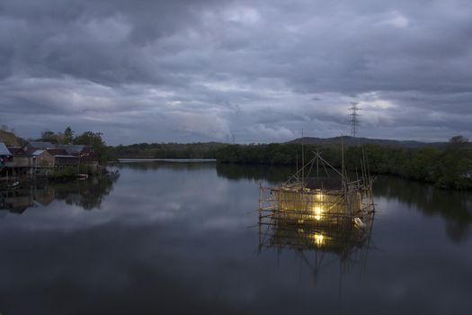 Bagang Fisherman,  a structure build from bamboo for to catch fish at Karajae estuary Pare-pare Indonesia