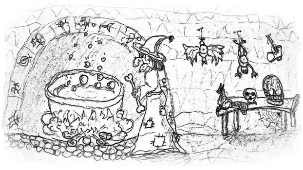 Witch and Cauldron. Hand Pencil Drawing Sketch Illustration.