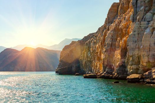 Sea and rocky shores in the fjords of the Gulf of Oman.