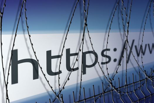 Image of the address bar of the website is blocking the fence with barbed wire - blocked Internet concept.