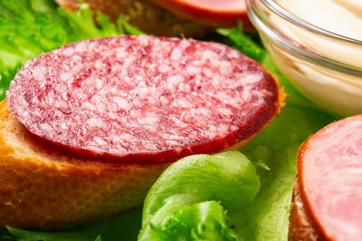 Several sandwiches with sausage and salami and sauce on a plate, close up.