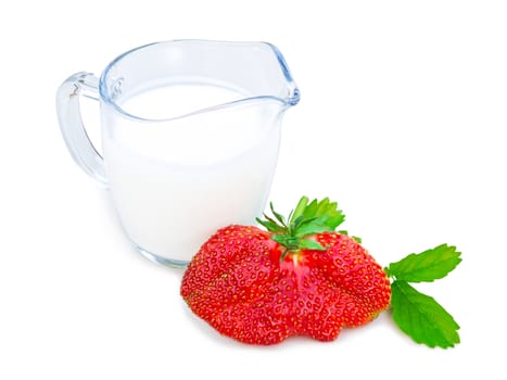 A huge ripe strawberry and cream sauce isolated on white background.