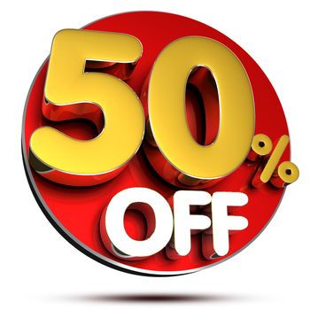 50 percent off 3D rendering on white background.(with Clipping Path).