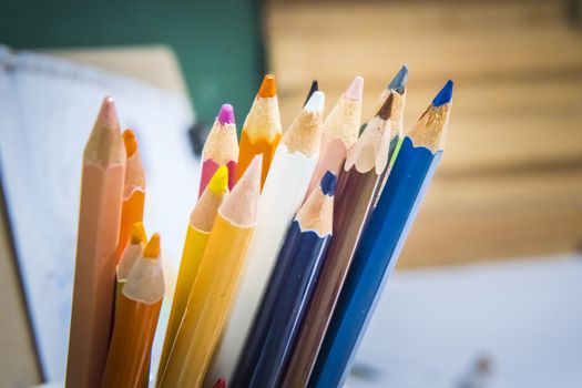 Close up macro shot of color pencil pile pencil nibs