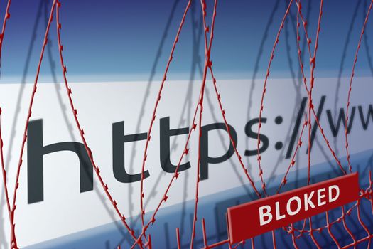 Image of the address bar of the website is blocking the fence with barbed wire - blocked Internet concept.