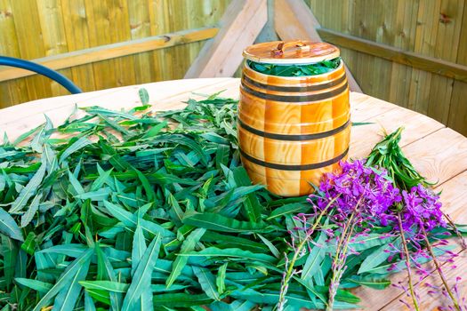 blooming sally leaves and flowers - raw materials for making traditional Russian Koporsky tea also known as Ivan Tea.