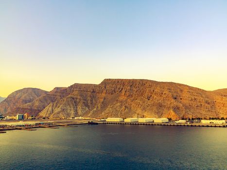 Sea and rocky shores in the fjords of the Gulf of Oman.