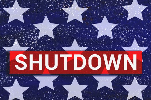 Shutdown Text With stars of Us Flag on blue background.