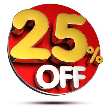 25 percent off 3D rendering on white background.(with Clipping Path).