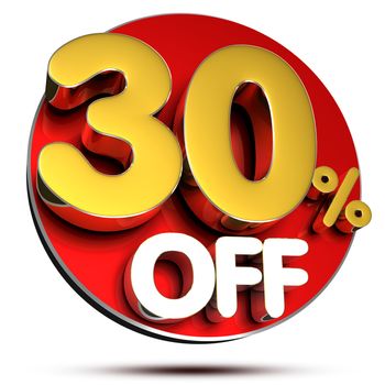 30 percent off 3D rendering on white background.(with Clipping Path).