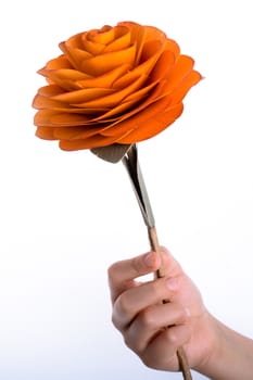 Hand holding a rose made of wood on a white background