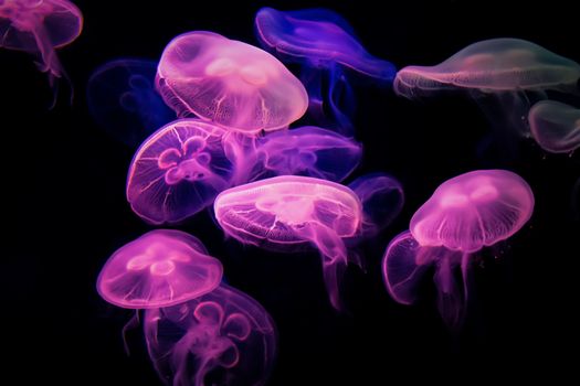 Beautiful jellyfish moving in the dark water, glowing with purple neon light