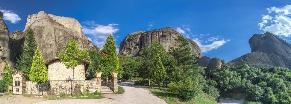 Monastic cave hermit monks houses and rock formation in Meteora near Trikala, Greece.