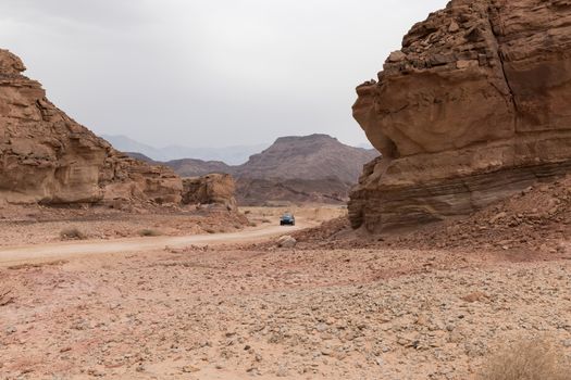 a car on road in timna national park in south israel near eilat