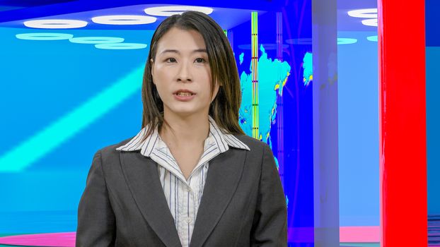 Female Asian American News anchorwoman in virtual TV studio, original design elements