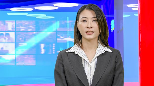 Female Asian American News anchorwoman in virtual TV studio, original design elements