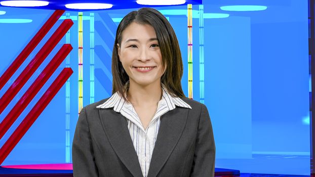 Female Asian American News anchorwoman in virtual TV studio, original design elements