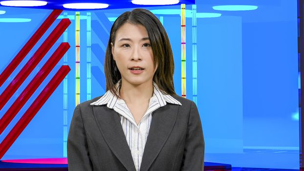 Female Asian American News anchorwoman in virtual TV studio, original design elements