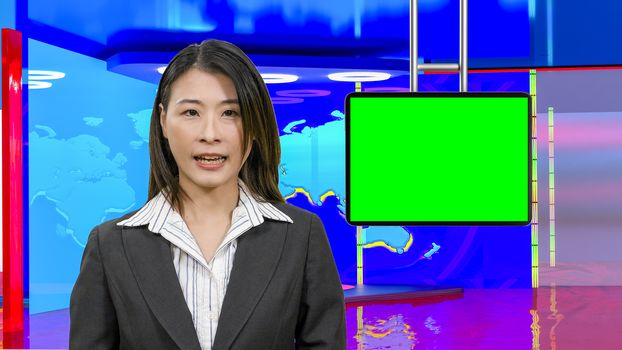 Female Asian American News anchorwoman in virtual TV studio with green screen suspended display, original design elements